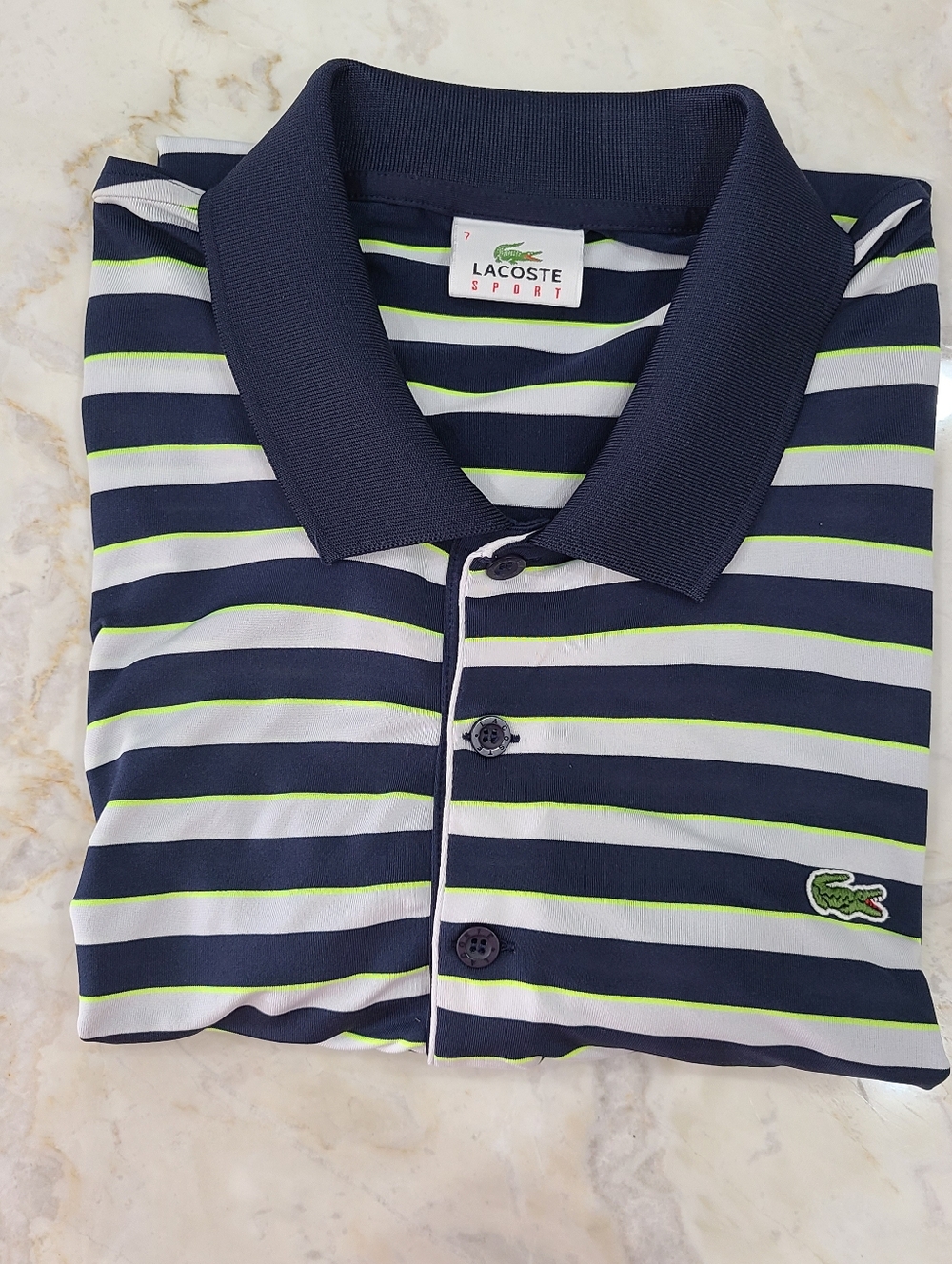 Lacoste Golf Shirt Blue and Neon Green Striped Size 7/XL - Picture 16 of 16